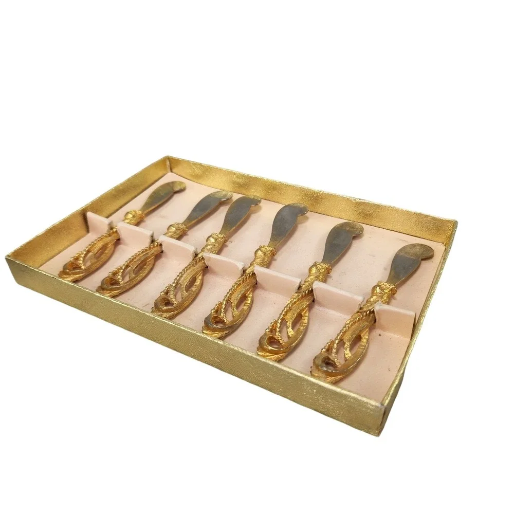 Tancraft Hors Doeuvres Knives 24kt Gold Plated Set of 6 Janis Collection Vtg Box